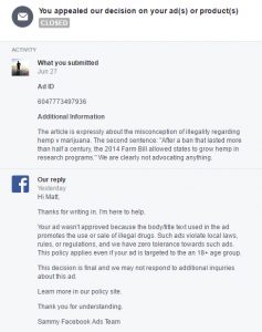 Facebook blocked the attempt to boost a story about hemp.