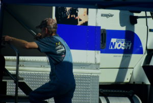A miner goes into the NIOSH mobile unit to get tested for black lung.